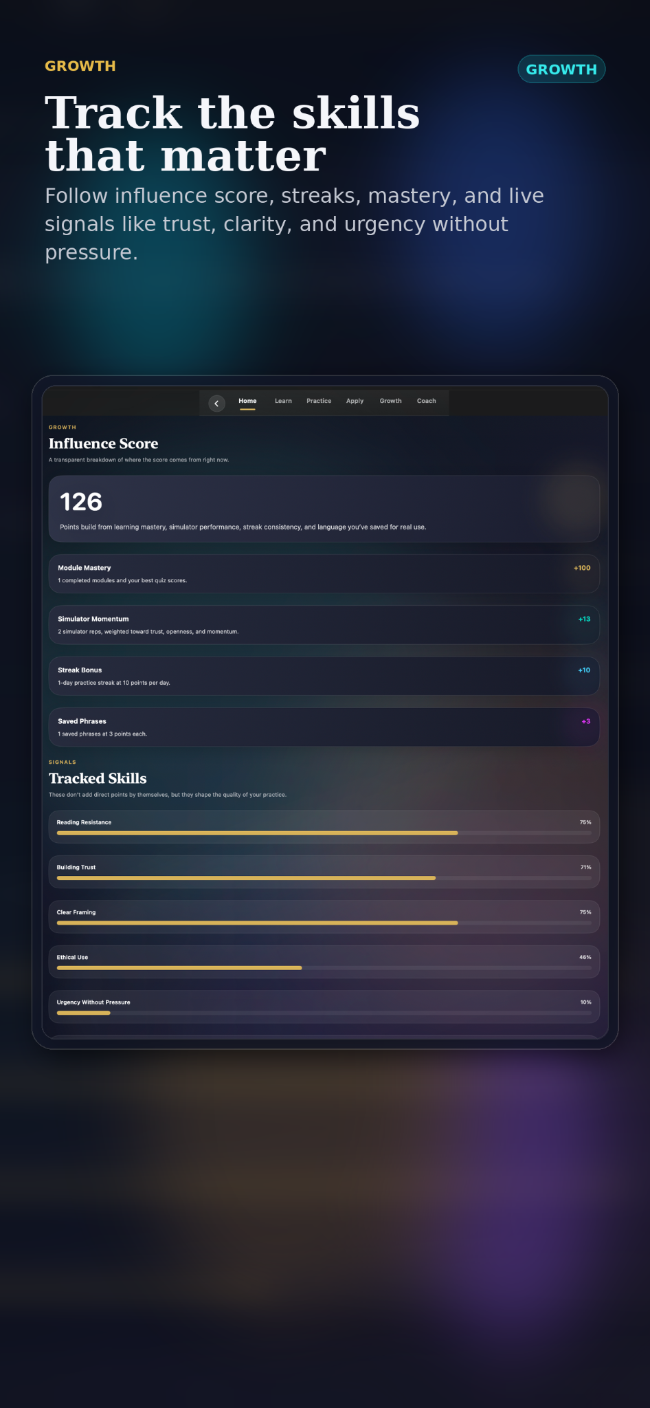 Growth screen from the Persuasion app showing influence score and tracked communication skills.