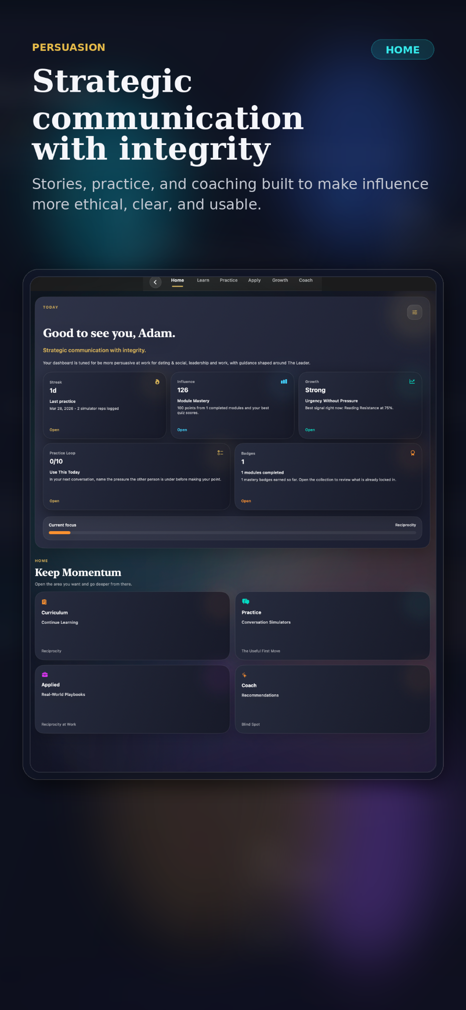 Marketing screen for Persuasion home dashboard.